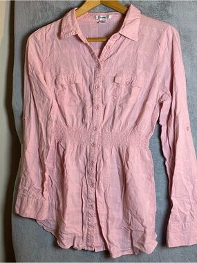 Vintage Papaya Pink button up Long Sleeve Bella Babydoll lightweight top large